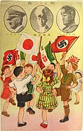 Chiquets onegen les banderes de Japó, Itàlia i l'Alemània nazi. 1938.