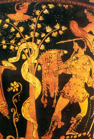 Cílix pintat per Duris en el que apareix Jasón regurgitado pel dragó que custodiava el vellocino d'or, en Atenea al seu costat. 480-470 a. C., Museus Vaticans.